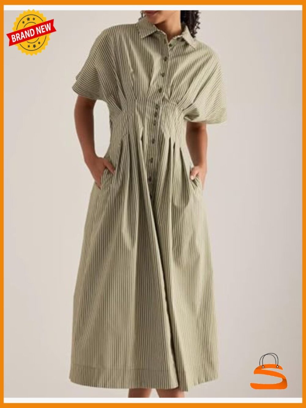 Striped Button Front Pleated Maxi Shirt Dress Short Sleeve V Neck Corset - Picture 4 of 6